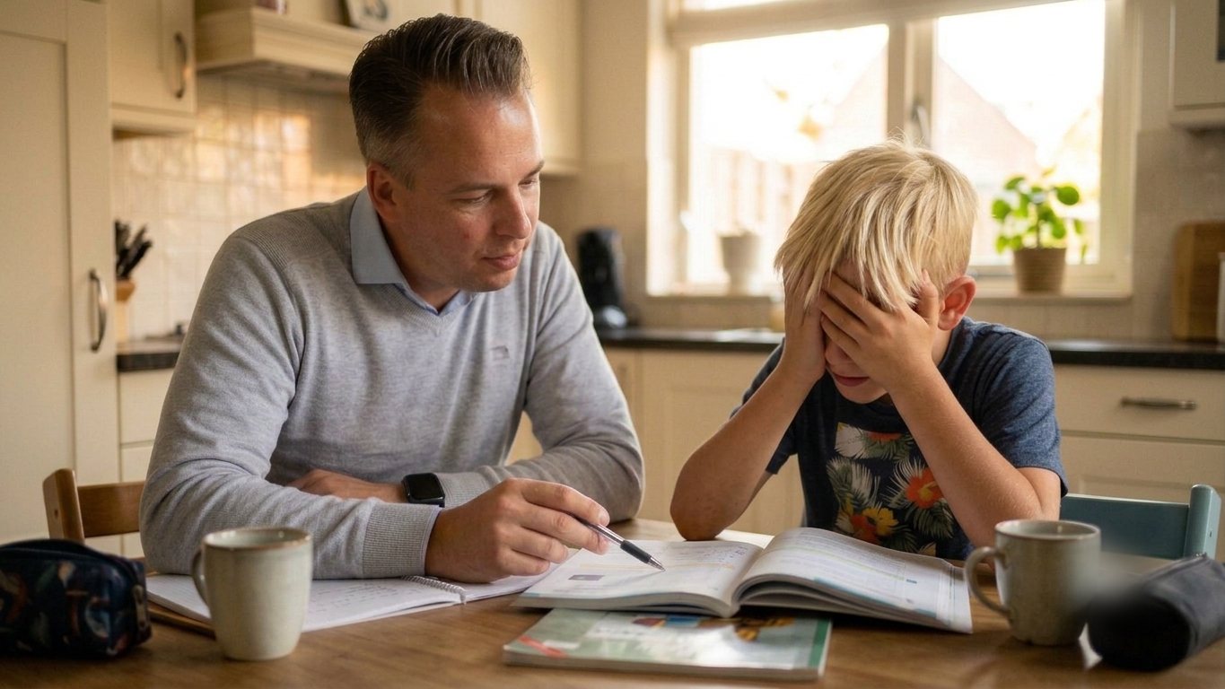 A father helping his son with homework at the kitchen table