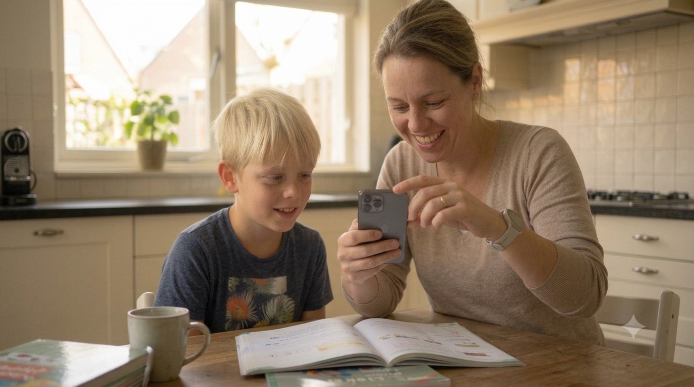 A parent photographs their child's schoolwork at the kitchen table